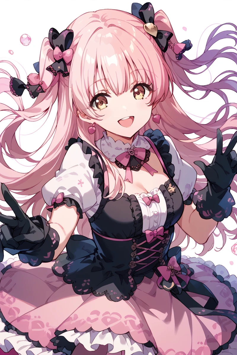 score_9, score_8_up, score_7_up, score_6_up, 1girl,
<lora:Shinomiya_KokoaV2:0.9> kokoa, gloves, solo, long hair, smile, open mouth, bow, pink hair, dress, looking at viewer, black gloves, hair ornament, hair bow