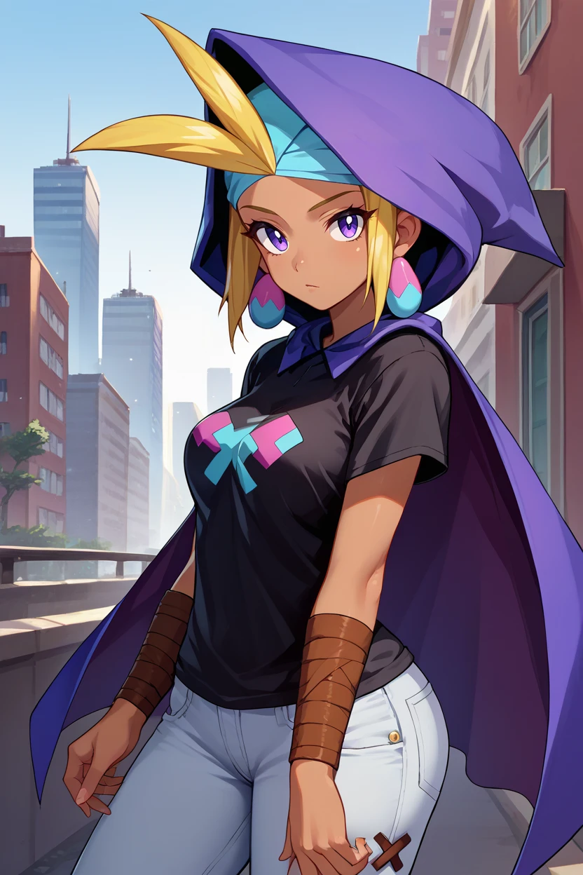 score_9, score_8_up, score_7_up, score_6_up, source_anime BREAK 1girl, solo  <lora:shsky-pdxl-nvwls-v1-000005:1> shSky, blonde hair, antenna hair, dark-skinned female, earrings, bandana, hooded cape, black t-shirt, jeans, looking at you, city, medium breasts