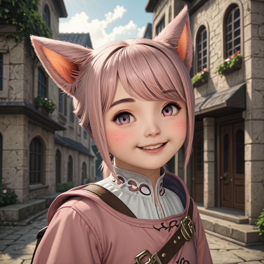 score_9, score_8_up, score_7_up, best lighting, detailed background, outdoor, marble building, stone buildings, cinematic, 4k, hires, <lora:FFXIV_Tk3bb3_PonyXL_V1:1> tk3bb3, 1girl, solo, animal ears, cat ears, miqo'te, female child, looking at viewer, smiling, cute, adorable