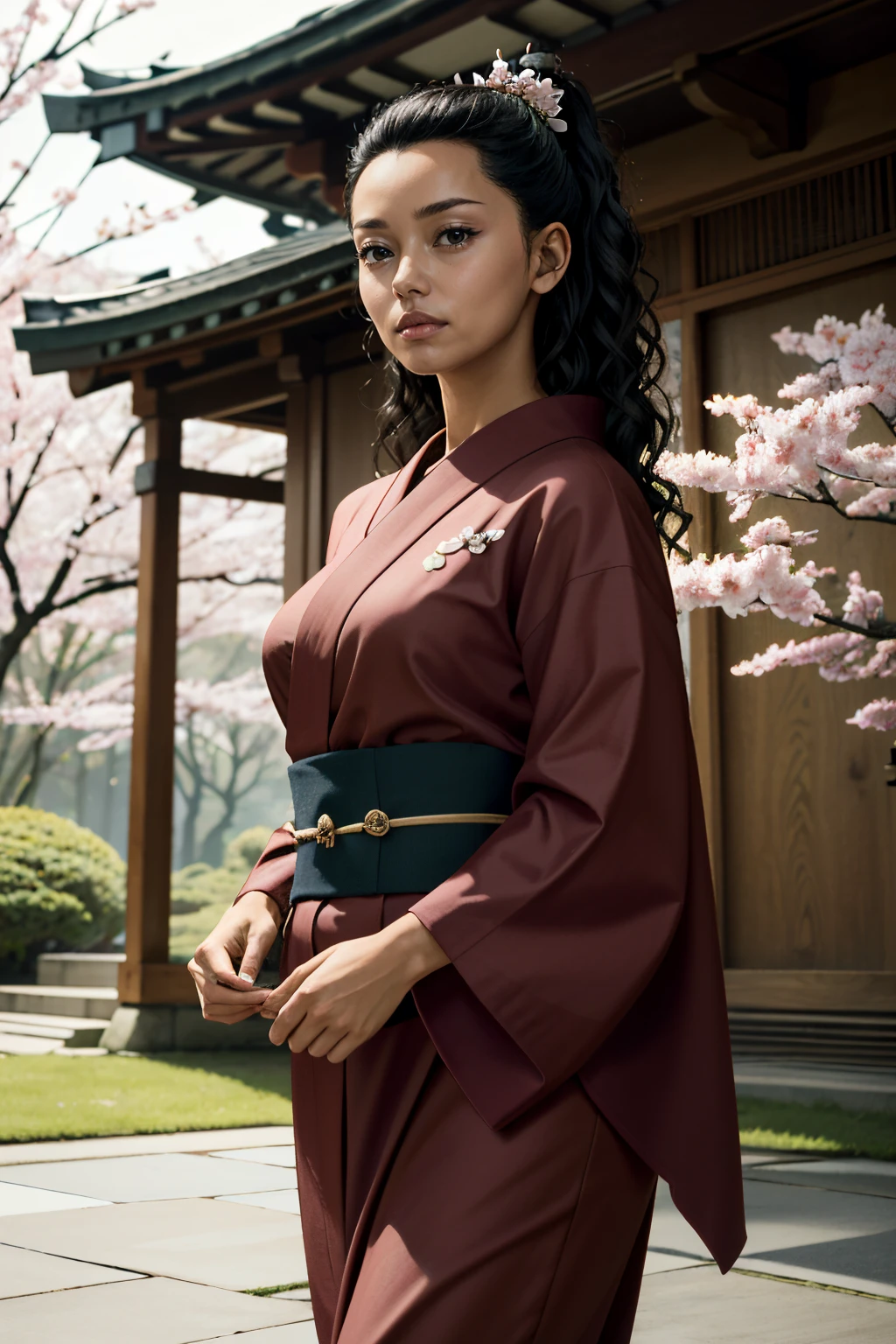 ((ultra detailed, masterpiece, absurdres))
<lora:AWSaga:0.8>
AWSaga, 1girl, very dark skin, brown eyes, black hair, long hair, looking at viewer, walking in a serene Japanese park with cherry blossoms, yukata, and a hair ornament