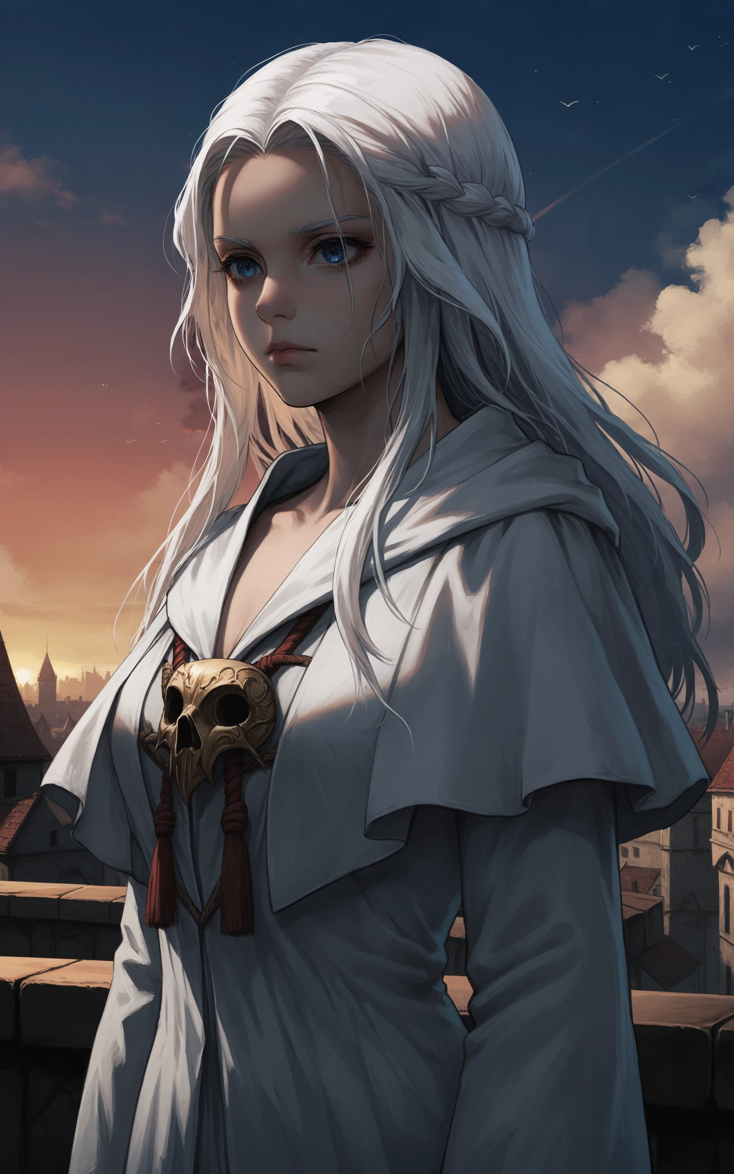 <lora:Venat_FF14:0.8> 1girl, long hair, white hair, blue eyes, white robe, capelet, mask removed, cleavage, (red sky:1.3), (skyscraper:gothic architecture:0.6), serious, dark, empty street,