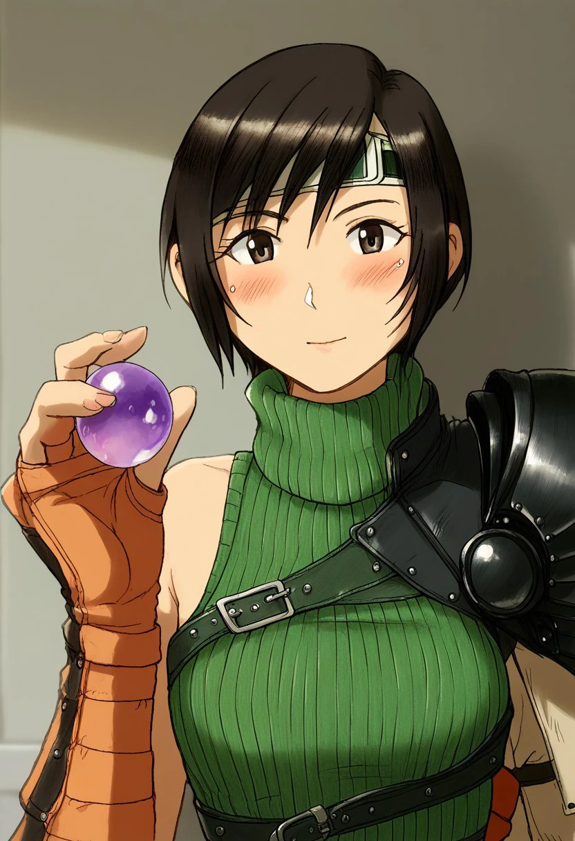 Detailed,Trafitional media,(bpb1:1.2),score_9, score_8_up, score_7_up, score_6_up,1girl , yuffie, sleeveless turtleneck, armor, :D , looking at viewer, Blushing,dutch angle, holding purple materia orb