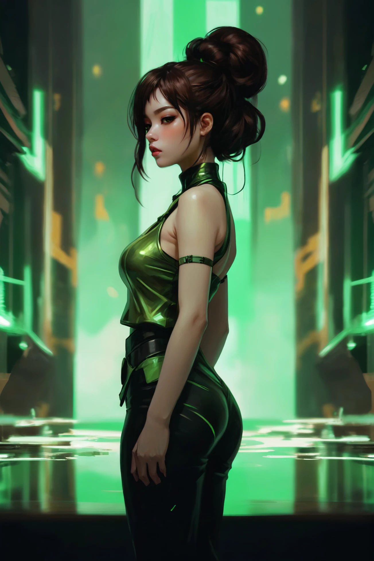 <lora:EnvyRefractionXL01:1>ominous abstract, kpop girl, 1girl, woman, hell knight, brown hair, half updo, (full body:1.3), [:creative costume design:0.2], bombshell hair, black hair with green highlights, half updo, hourglass figure, albino, control room in a solemn scifi cliffside city beyond the beginning of the multiverse, masterpiece