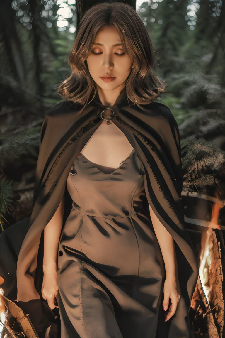 1girl, solo, medium breasts, looking at viewer, realistic, photorealistic, brown hair, closed eyes, lips, closed mouth, cloak, (grey dress:1.5),  hyper detailed, super sharp, crisp, smooth, smooth gradients, depth of field, (in forest: 1.1), (campfire), (outdoors: 1.1), <lora:nekoyoshi_eldenring:1>  , <lora:breastsizeslideroffset:-0.25>, <lora:add_detail_v5:1>