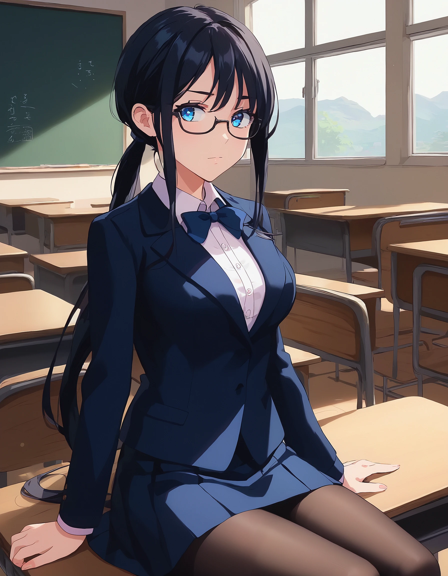 score_9, score_8_up, score_7_up, masterpiece, absurdres, source_anime, intricate,

1girl, TakamineAyako, blue eyes, glasses, black hair, long hair, twin pigtails, ponytail,
suit, white blouse, blue blazer, mini skirt, blue skirt, pantyhose,

classroom, sitting on desk,