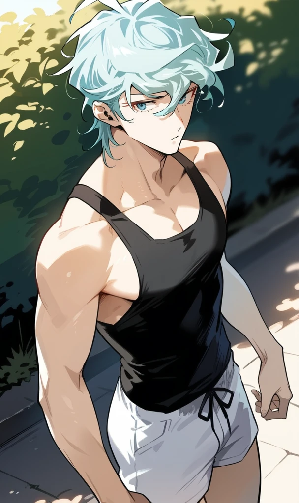 masterpiece, best quality, absurdres, 1boy, two-toned hair, iridescent hair, aquamarine hair, short messy hair, blue eyes, long eyelashes, muscular build, 20 years old boy, ikemen, black tank top, white short shorts, thicc butt, park background,<lora:javier:0.7>