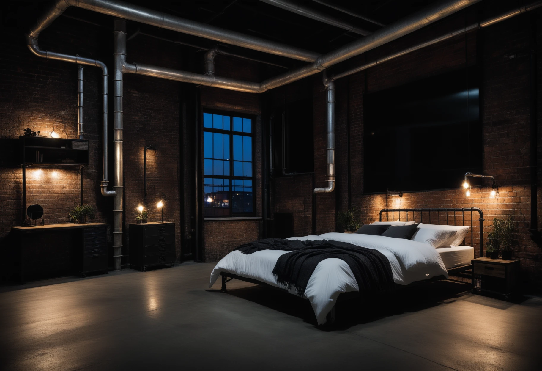 an Industrial bedroom by night  ,Jed-Ind  ,<lora:IndustrialInteriors-000009:0.7>