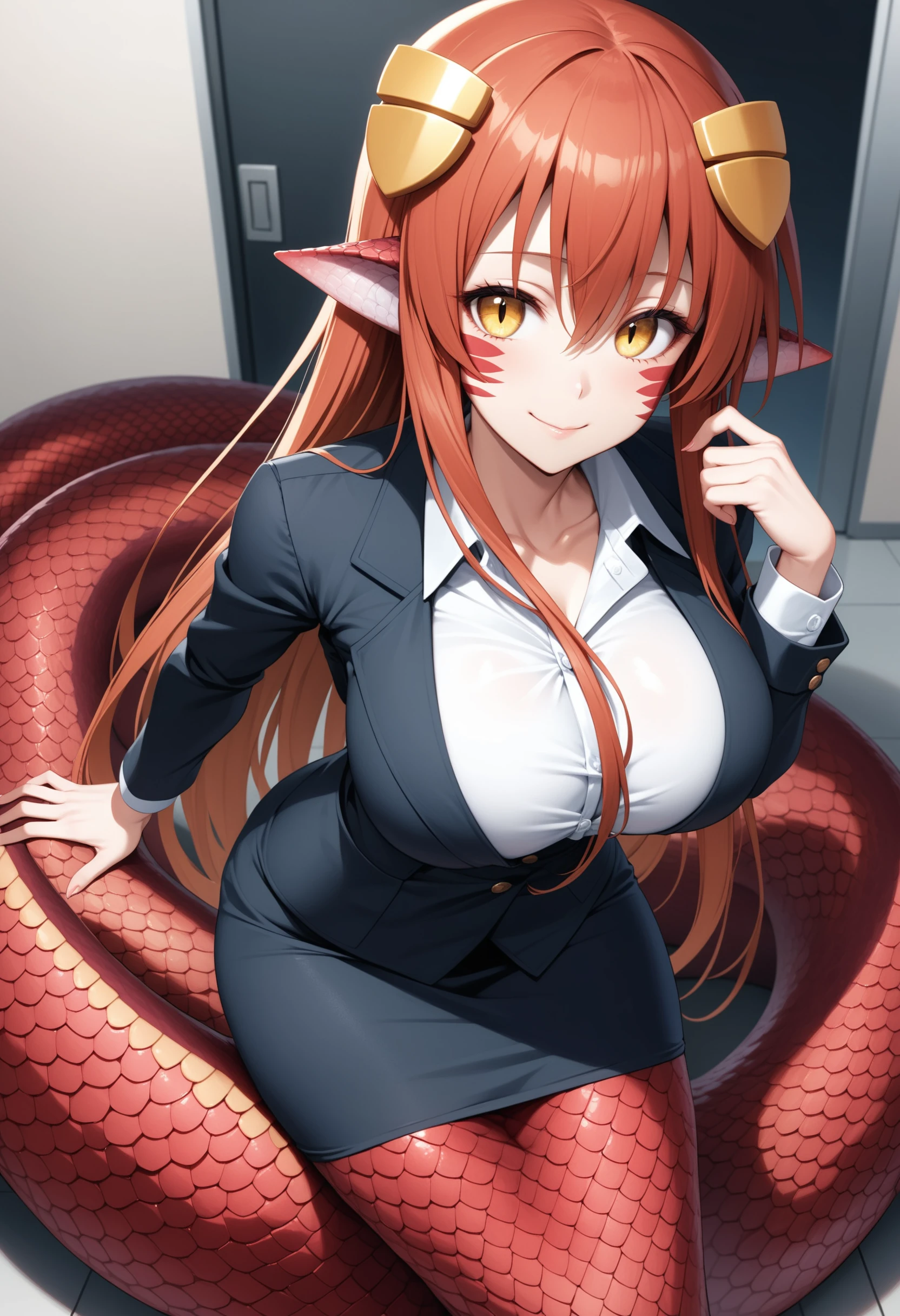 masterpiece, best quality, very aesthetic, absurdres,
1girl, miia \(monster musume\), monster musume no iru nichijou, red hair, yellow eyes, slit pupils, facial mark, hair ornament, large breasts, lamia, monster girl, scales, office lady, dress shirt, pencil skirt, smile, looking at viewer,