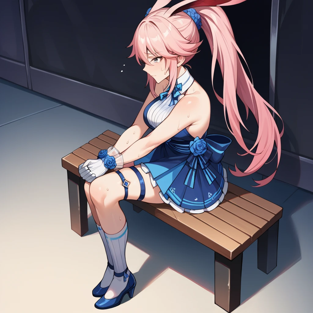 score_9_up, score_8_up, score_7_up, score_6up, source_anime, 1girl, solo, Yae_Sakura, Yae_Song, masterpiece, best quality, from side, from above, sitting on metal bench, holding microphone, hands together, sweat drop, nervous, knees together, long hair, ponytail, pink hair, yae sakura, hair between eyes, fox ears, sleeveless dress, blue dress, white gloves, blue flower, bare shoulders, thigh strap, white socks, blue footwear, high heels, dynamic cowboy shot, mature body, indoors, musical equipment, concert backstage background,