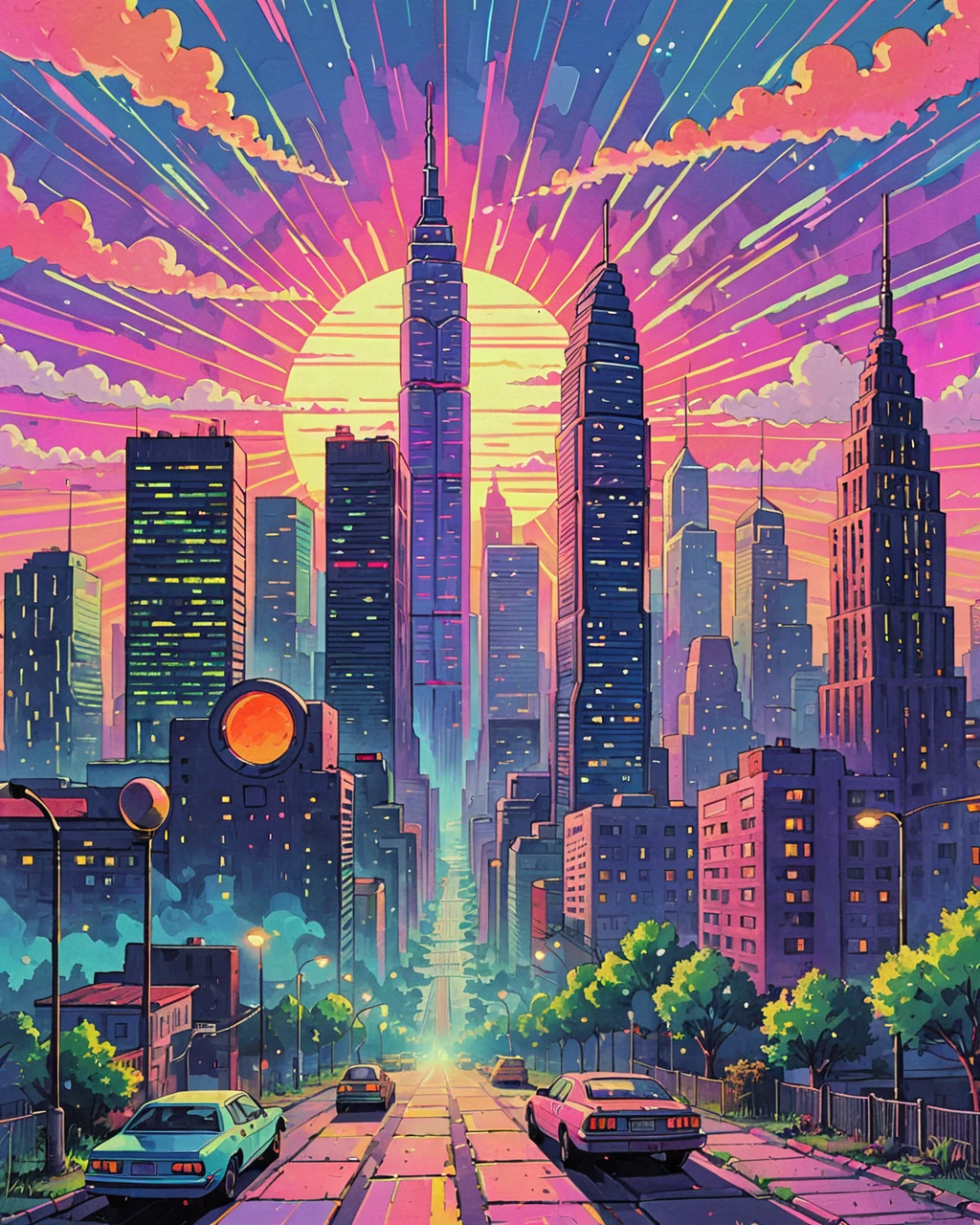 <lora:Psychedelic Vibes - Trigger with Psychvibes Artstyle:1>  Video Game Console, futuristic city skyline at dawn with skyscrapers against a colorful sky , psychvibes artstyle