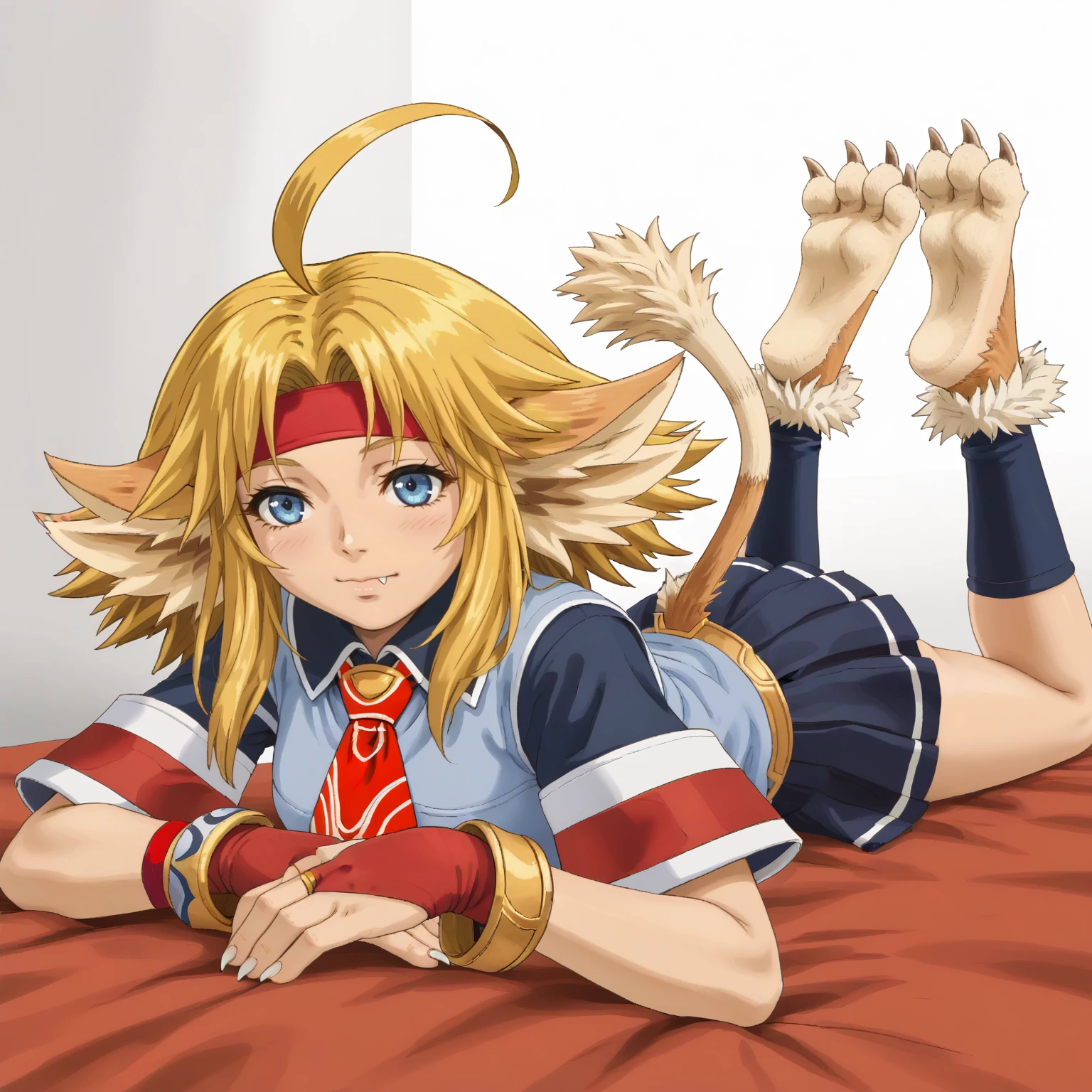 1girl, solo, on stomach, bed <lora:NikkiXLpony:1> Nikki, beastgirl, blonde hair, ahoge, red headband, blue eyes, fang, animal ears, animal tail, necktie, school uniform, bracelets, elbow fingerless gloves, pleated skirt, blue leg warmers, fur trim, barefoot, animal feet, foot claws