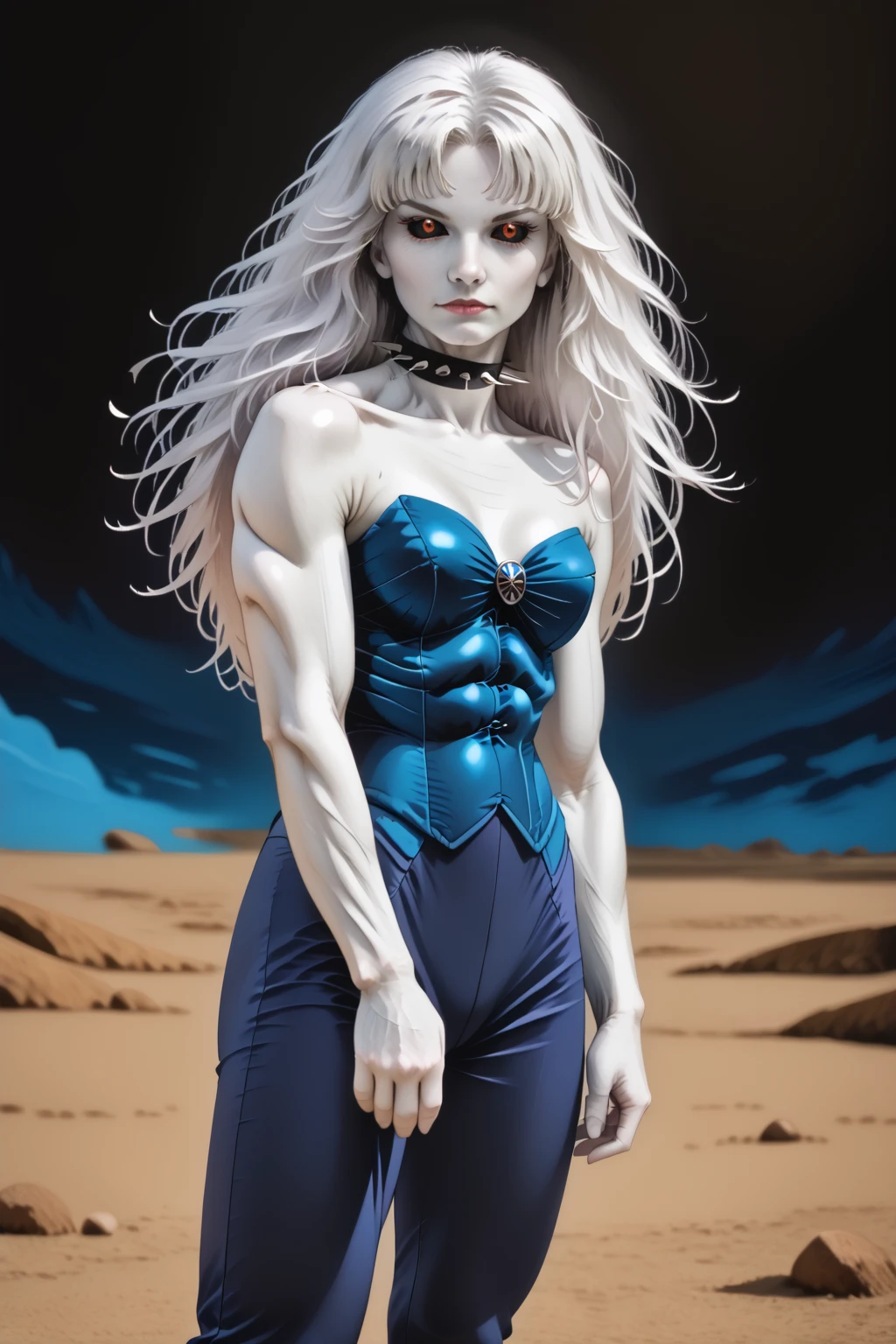 score_9,<lora:La_Lunatica_PDXL_spamb0t:0.8>,Marvel_La_Lunatica,(long white hair,white skin,red eyes,black sclera:1.4)
BREAK [SEP] dark blue corset,dark blue pants,spiked choker,bare shoulders,collarbone,navel,muscular female
BREAK [SEP] laying on back, legs spread
BREAK [SEP] abstract background,looking at viewer
BREAK [SEP] high quality,film grain,cowboy shot,seen from behind
BREAK [SEP] (hyper detail,insanely detailed,best quality,masterpiece,photorealistic:1.4)