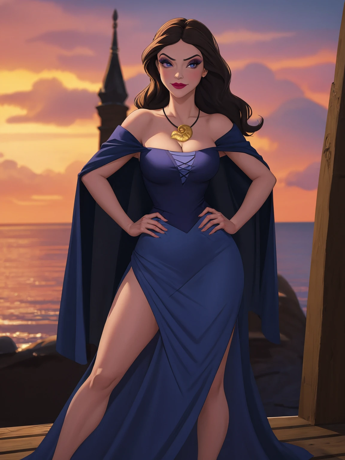 (masterpiece, best quality:1.4), insaneres, absurdres, solo, looking at viewer, BREAK 
BlueDress_Vanessa_ownwaifu,  
1girl, blue eyes, brown hair, long hair, narrow waist, shell necklace, makeup, lipstick, jewelry, necklace, red lips, medium breasts, pendant, eyeshadow, mature female, 
blue dress, cleavage, bare shoulders, long skirt, long dress, off shoulder, blue cape, cloak, off-shoulder dress, strapless dress,
(contrapposto, hand on hip), sunset, sidelighting, outdoors, <lora:CARTOON_LittleMermaid_Vanessa_ownwaifu:1> , depth of field