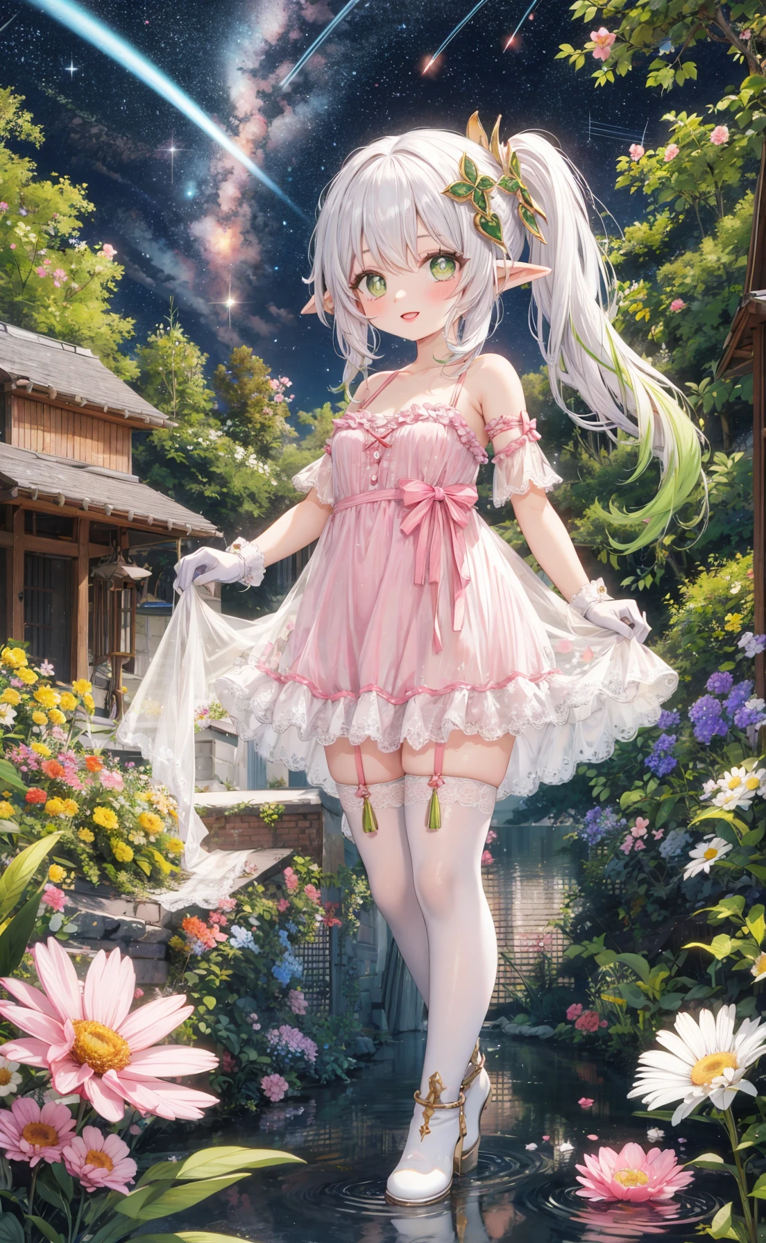 masterpiece,best quality,absurdres,
1girl,beautiful detailed girl,fine and beautiful detailed skin,nahida,white hair,(multicolored hair:1.1),side ponytail,hair ornament,green eyes,symbol-shaped pupils,pointy ears,dress,bow,hair bow,gloves,thighhighs,looking at viewer,white dress,outdoors,thigh boots,standing,ribbon,flower,smile,pink bow,full body,white gloves,architecture,night,(pink dress:1.1),
extremely detailed beautiful background,CG,8K wallpaper,sundress,Slightly_open_mouth,lipstick,parted_lips,collarbonea,unbuttoned clothes,perky breasts,see-through,branch,flower_bloom,entangled_plants,meteor shower,nature,hyper_galaxy,
ray tracing,reflection light,<lora:nahida:0.6>,