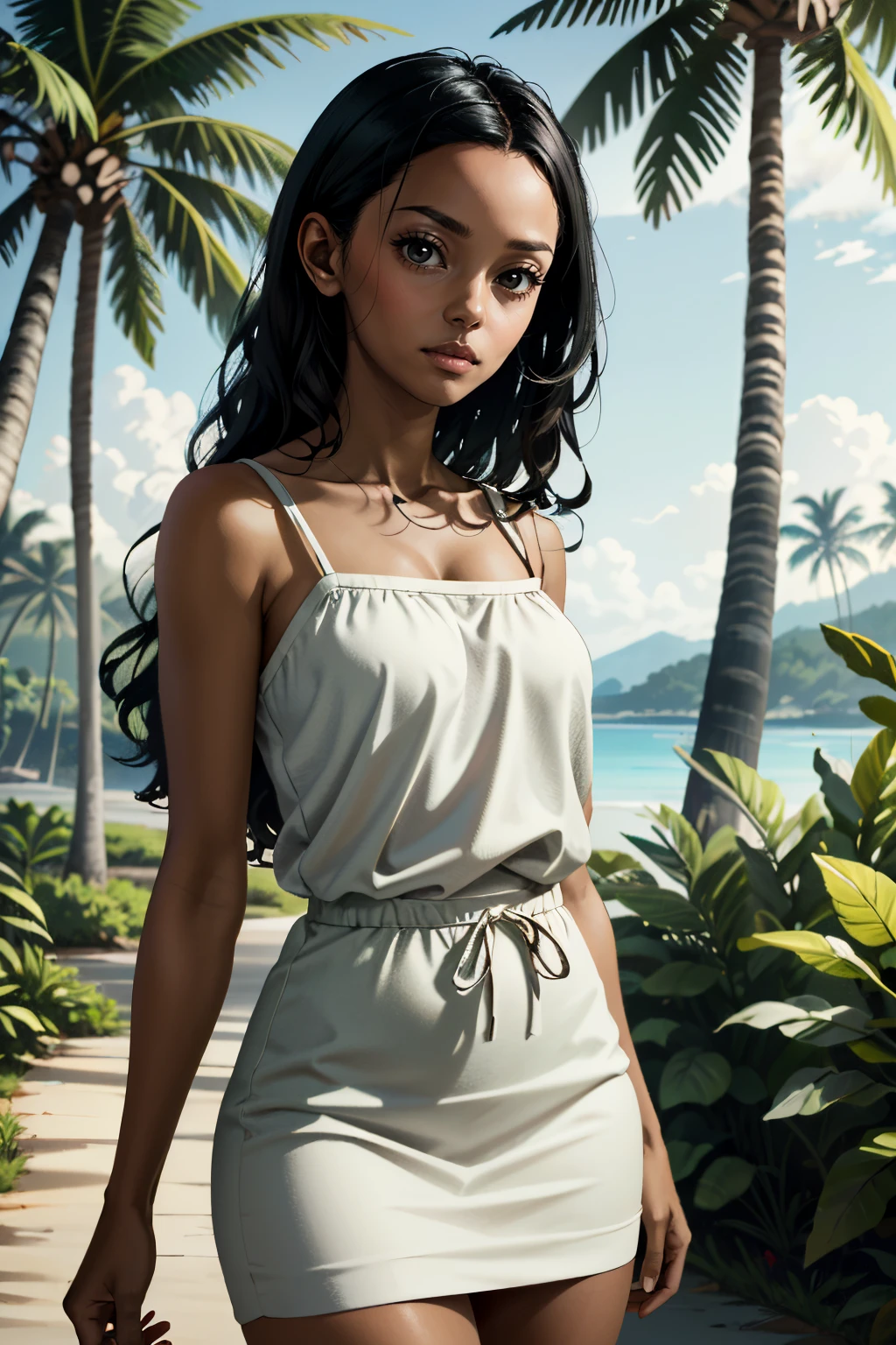 ((ultra detailed, masterpiece, absurdres))
<lora:AWSaga:0.8>
AWSaga, 1girl, very dark skin, brown eyes, black hair, long hair, looking at viewer, on a tropical island, sundress, palm trees