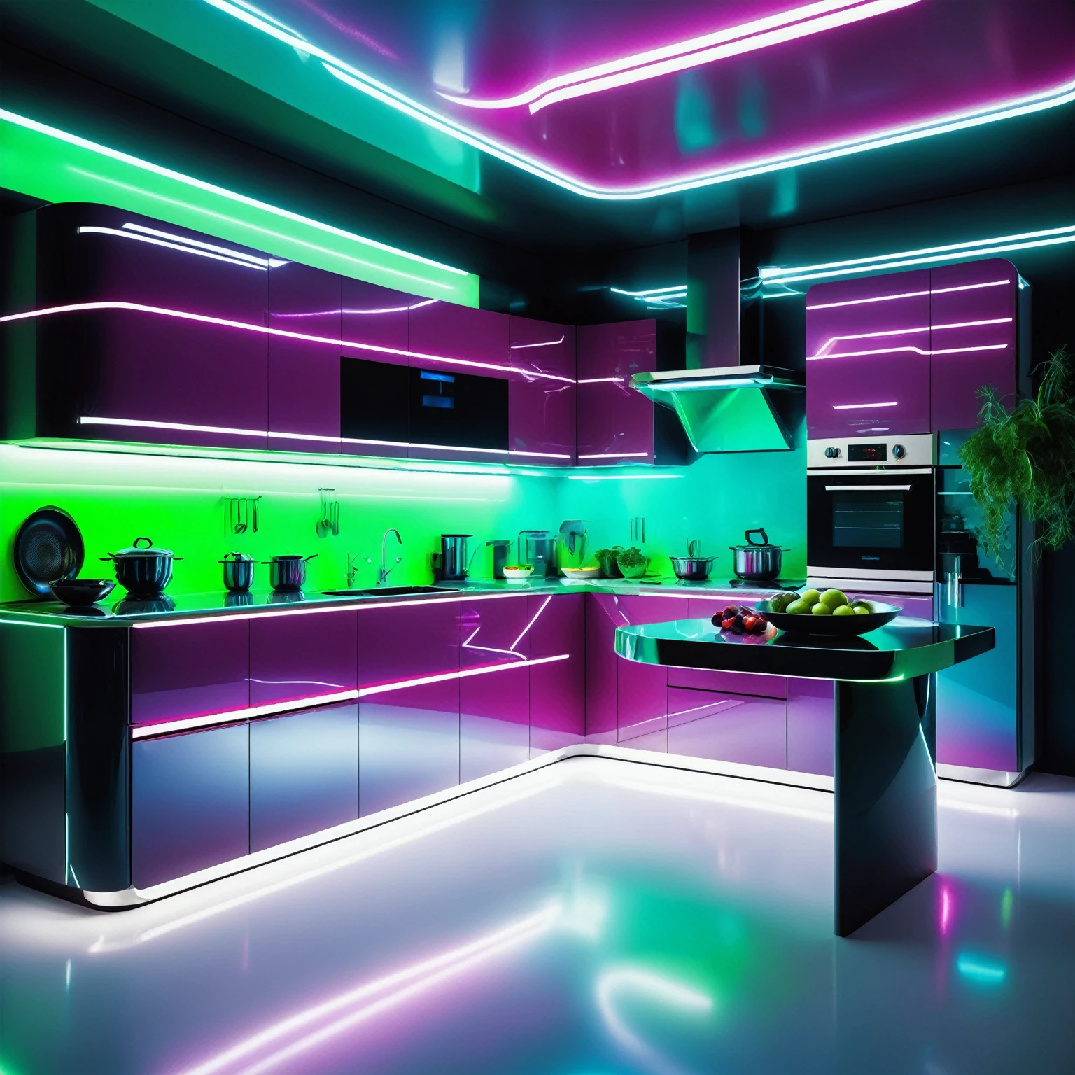 a futuristic kitchen, beautiful detailed, rich deep colors, beautiful, highly detailed, Jed-NeonInt, neon,   <lora:FuturisticNeonInterior:0.5>