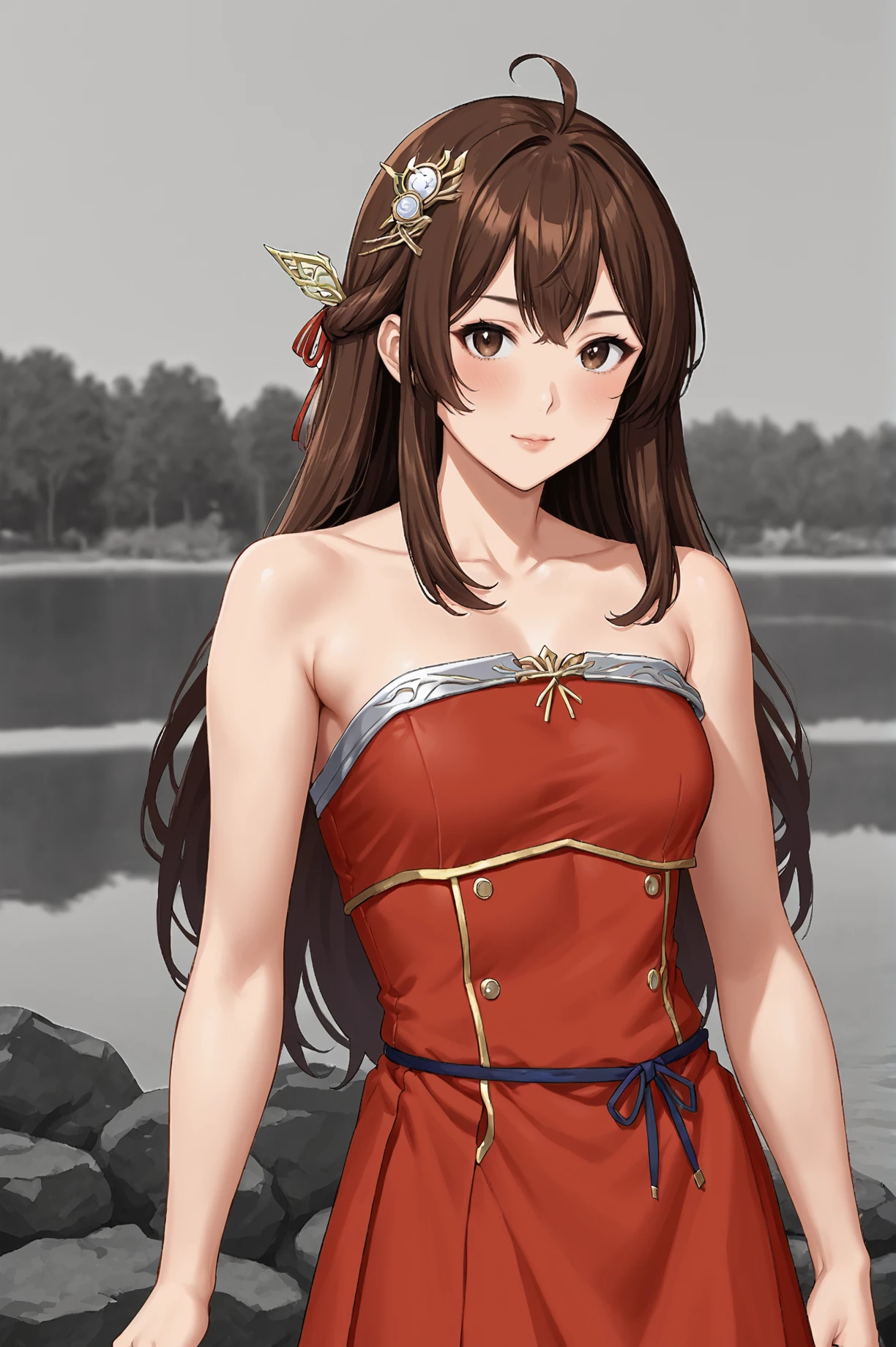 zPDXL2-neg, source_anime, 1girl, solo, long hair, brown hair, brown eyes, ahoge, hair ornament, red dress, looking at viewer, outdoors, bare shoulder, model pose, <lora:Xing_Xianying_Dynasty_Warriors:0.7>