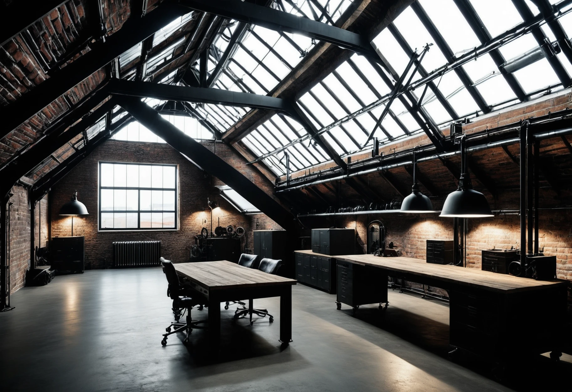 a photorealistic Industrial Attic  ,Jed-Ind  ,<lora:IndustrialInteriors-000009:0.7>