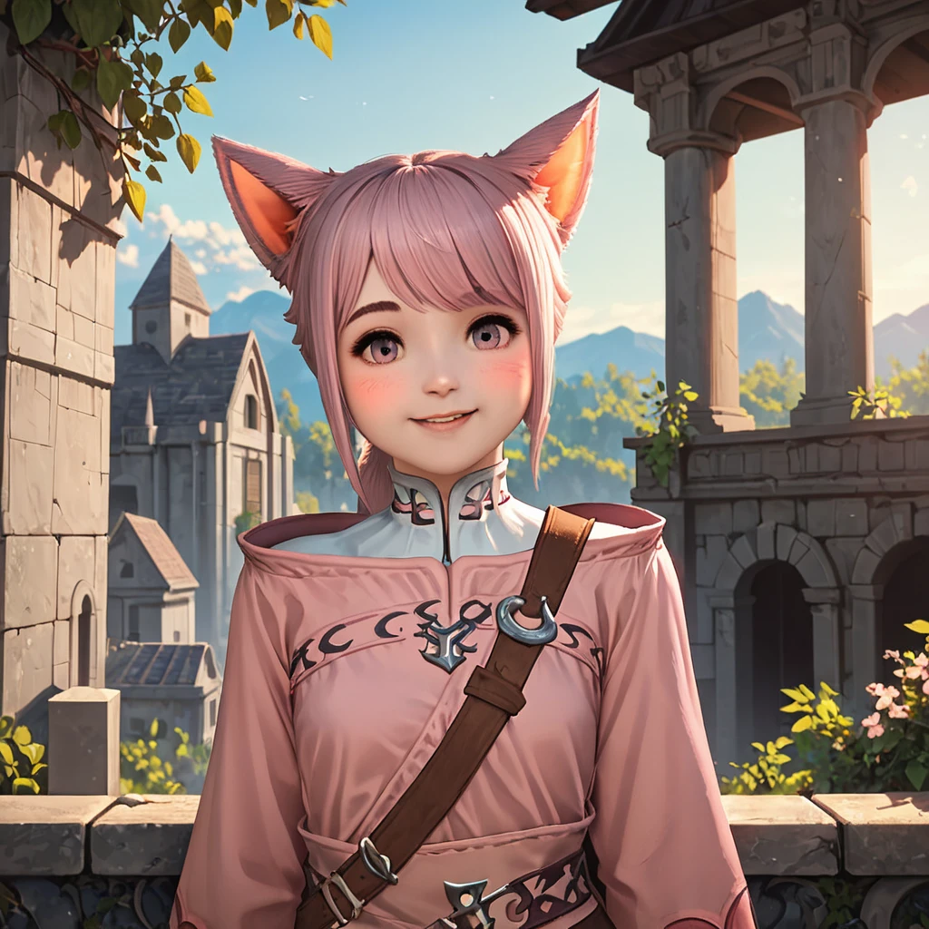 score_9, score_8_up, score_7_up, best lighting, detailed background, outdoor, marble building, stone buildings, cinematic, 4k, hires, <lora:FFXIV_Tk3bb3_PonyXL_V1:1> tk3bb3, 1girl, solo, animal ears, cat ears, pink outfit, miqo'te, female child, looking at viewer, smiling, cute, adorable