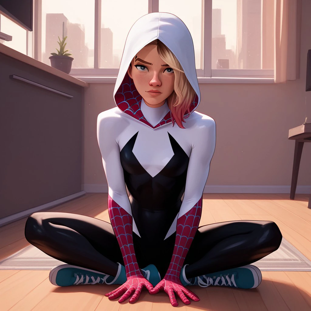 score_9, score_8_up, score_7_up, score_6_up, score_5_up, score_4_up, 1girl, spiderG, sitting on the floor, superhero, hood down