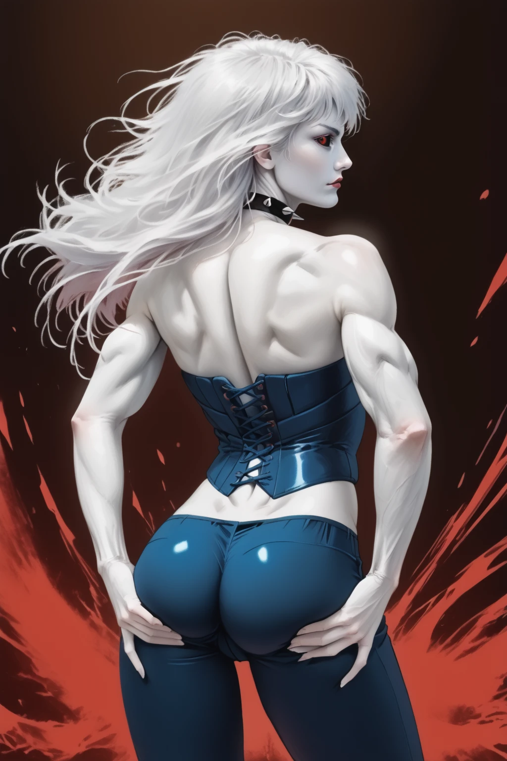 score_9,<lora:La_Lunatica_PDXL_spamb0t:0.8>,Marvel_La_Lunatica,(long white hair,white skin,red eyes,black sclera:1.4)
BREAK [SEP] dark blue corset,dark blue pants,spiked choker,bare shoulders,collarbone,navel,muscular female
BREAK [SEP] bent over, seen from behind, spread ass
BREAK [SEP] abstract background,looking at viewer
BREAK [SEP] high quality,film grain,cowboy shot,seen from behind
BREAK [SEP] (hyper detail,insanely detailed,best quality,masterpiece,photorealistic:1.4)