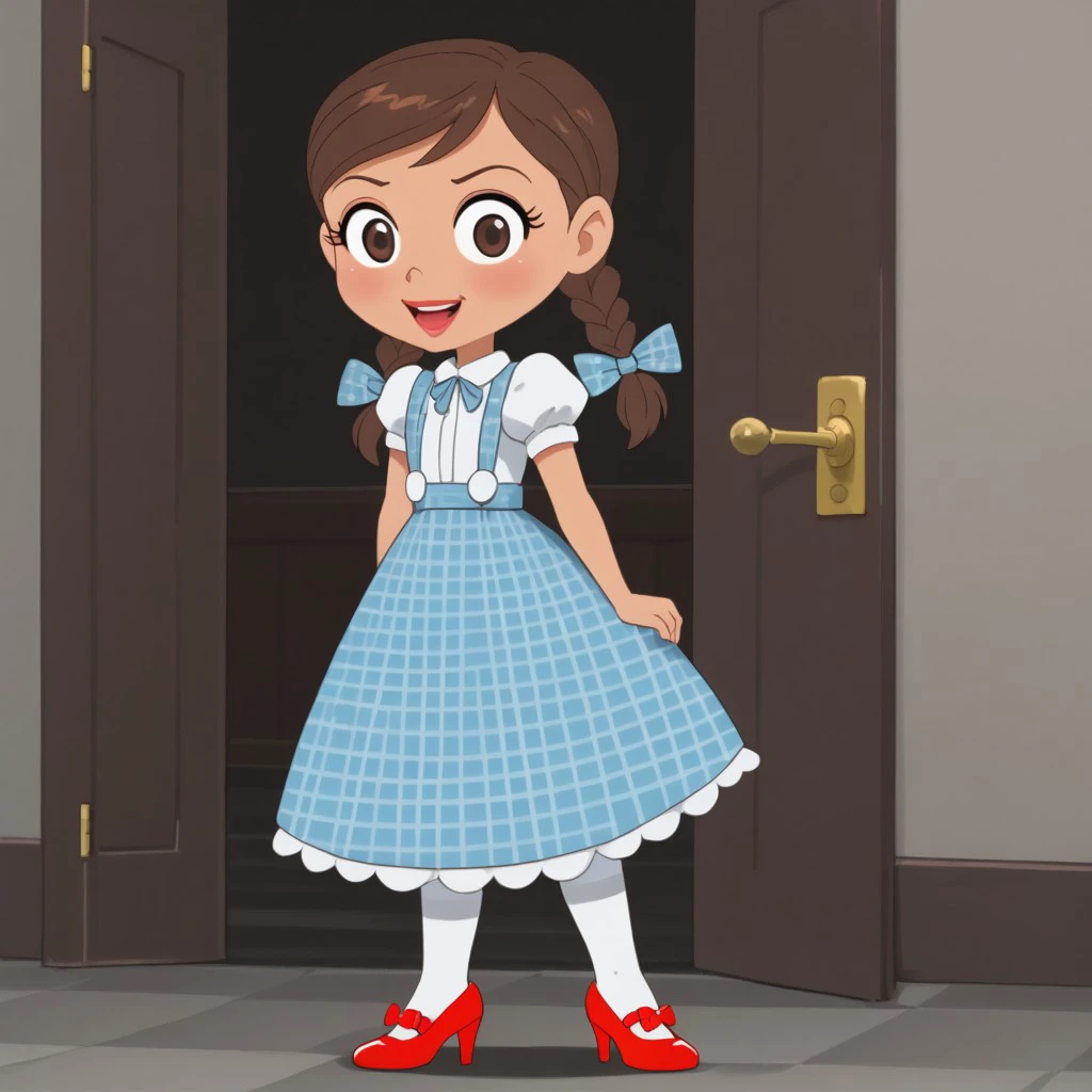 score_9, score_8, score_9, BREAK, dorothy, brown hair, twin braid, dress, red high heels