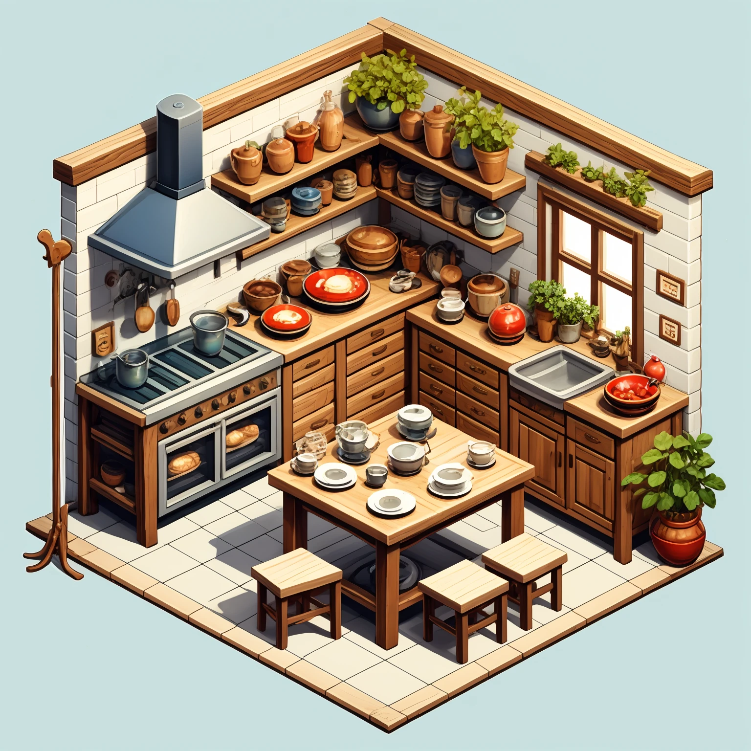 HEZI,game scene,Indoor scene,45 degree scene,Cute style,no humans,plant,food,plate,kettle,scenery,window,cup,chair,jar,teapot,stove,potted plant,table,kitchen,bread,frying pan,spatula,bowl,sink,shelf,bottle,indoors,ladle,teacup,saucer,wooden floor,from above,chimney,counter,rug,cutting board,still life,blue background,picture frame,box,wood,