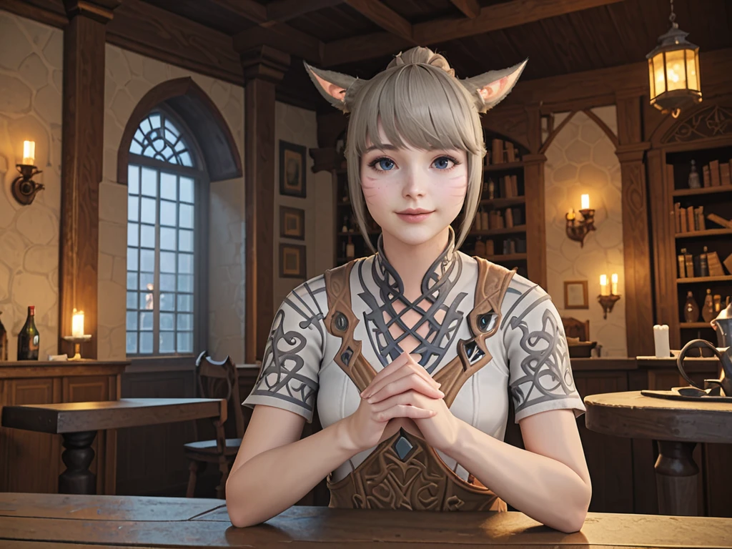 score_9, score_8_up, score_7_up, best lighting, detailed background, cinematic, 4k, hires,  <lora:FFXIV_Zhloe_PonyXL_V1:1> zhl0e, 1girl, solo, miqo'te, cat ears, blue eyes, looking at viewer, smiling, posing, hands pressed together, indoors, warm interior, tavern