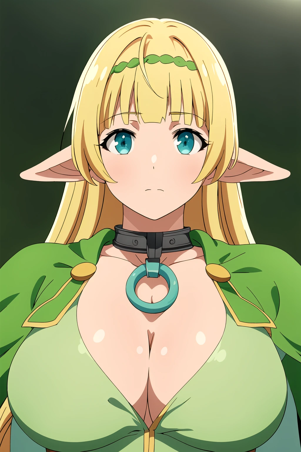 Simple Background,green Background,
dynamic pose,standing at attention,
green jacket , Green outfit, cleavage, cleavage cutout, White gloves, elbow gloves, 
<lora:Shera_L_Greenwood_IsekaiMaou-KK77-V2:0.8>,pointy ears,elf,metal Choker,
aqua eyes, blonde hair,Long hair,blunt bangs, Green hairband,
<lora:more_details:0.1>,<lora:Oda_Non_Style-KK77-V2:0.2>,
1 girl, 20yo,Young female,Beautiful long legs,Beautiful body,
Beautiful Nose,Beautiful character design, perfect eyes, perfect face,expressive eyes,perfect balance,
looking at viewer,(Focus on her face),closed mouth, (innocent_big_eyes:1.0),(Light_Smile:0.3),
official art,extremely detailed CG unity 8k wallpaper, perfect lighting,Colorful, Bright_Front_face_Lighting,White skin,
(masterpiece:1.0),(best_quality:1.0), ultra high res,4K,ultra-detailed,
photography, 8K, HDR, highres, absurdres:1.2, Kodak portra 400, film grain, blurry background, bokeh:1.2, lens flare, (vibrant_color:1.2),professional photograph,
(Beautiful,large_Breasts:1.4), (beautiful_face:1.5),(narrow_waist),