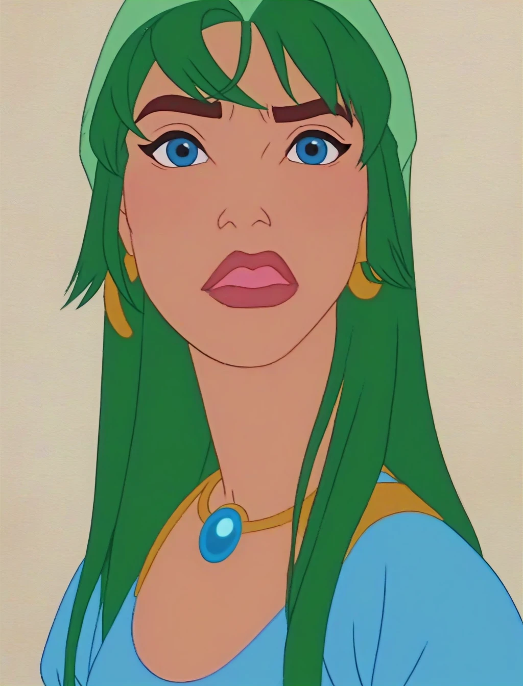 score_9,score_8_up,score_7_up, woman in blue dress with green hair, upperbody <lora:90sAnimationsPony:1>
