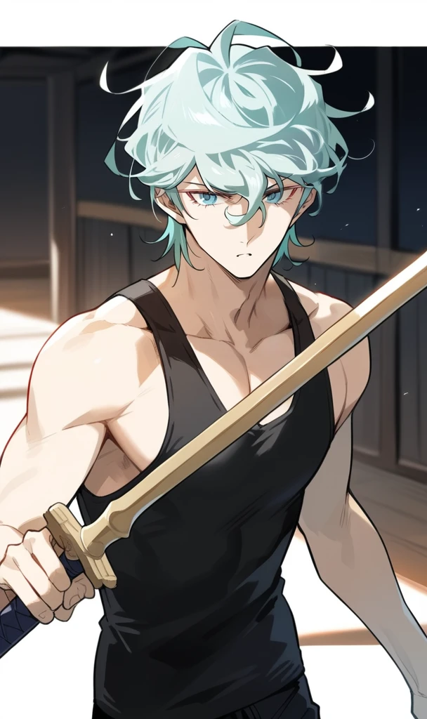 masterpiece, best quality, absurdres, 1boy, two-toned hair, aquamarine hair, short messy hair, blue eyes, long eyelashes, muscular build, 20 years old boy, ikemen, black tank top, holding a wooden sword, training grounds background,<lora:javier:0.7>