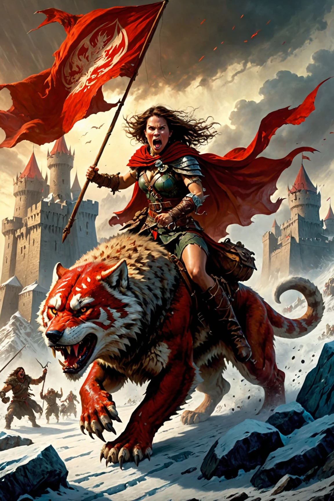 strong and powerful dungeons and dragons epic movie poster barbarian woman with cape charging into battle violent roar riding a vicious ice [wolf|tiger] beast leather and fur boots warriors and red banners (windy dust debris storm:1.1) volumetric lighting fog depth mist pass z pass great stone castle very bright morning sunlight from side