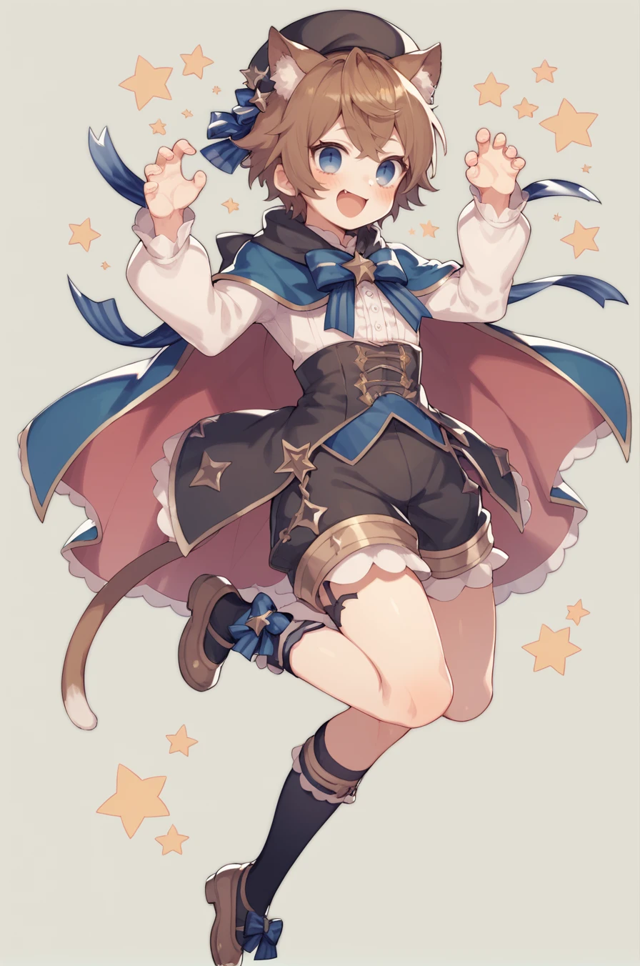 score_9, score_8_up, score_7_up, score_6_up, 1boy, femboy, otoko no ko, blush, cat ears, black socks, sock garters, full body, hat, shorts, looking at viewer, open mouth, magical clothes, fantasy clothes, cape, star pattern, laces, ribbon, brown hair, blue eyes, smile, solo <lora:Uekura_eku_Style-000009:0.8>, dynamic pose, simple background,