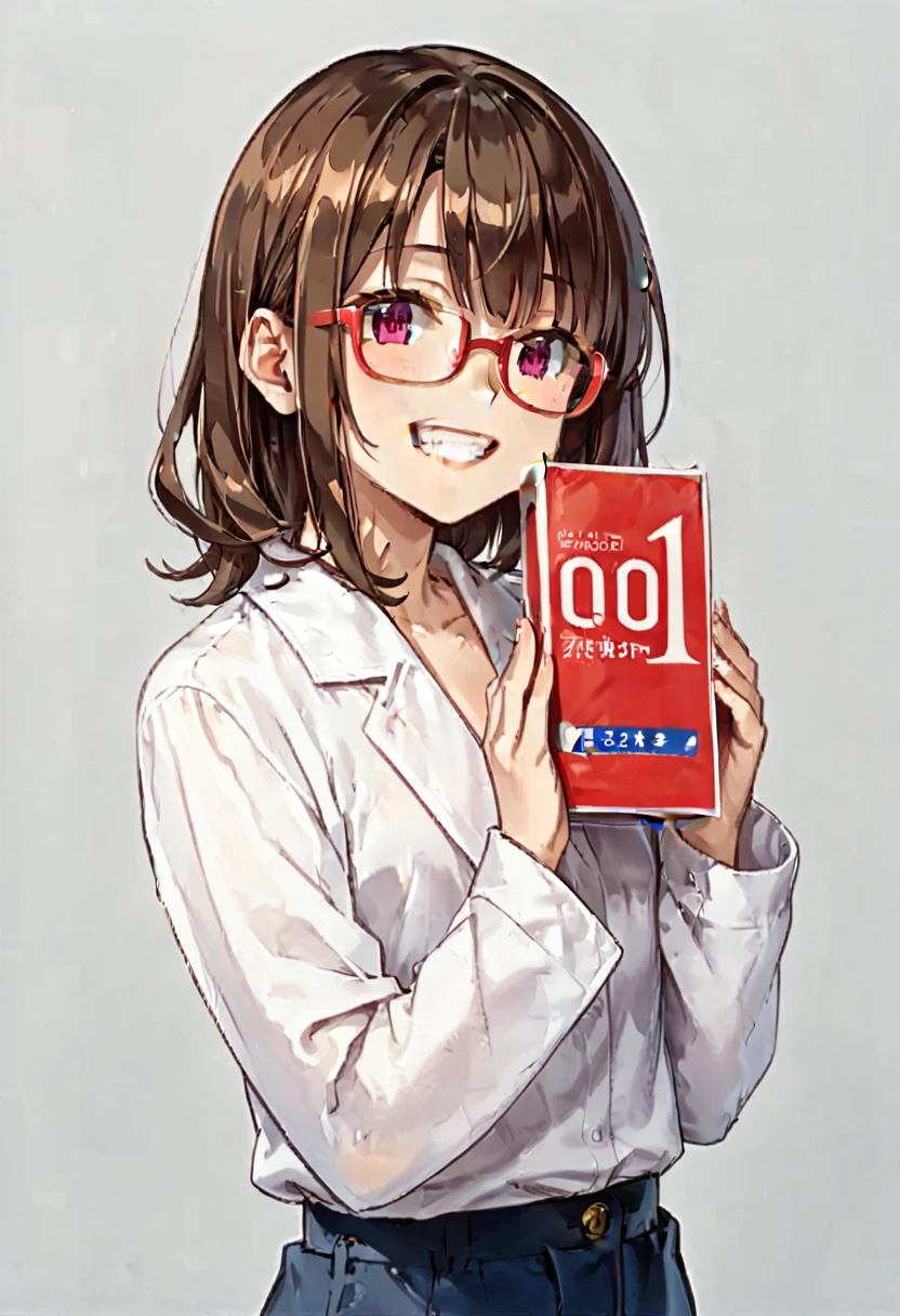 score_9, score_8_up, score_7_up, rating_safe, masterpiece, best quality, absurdres, unity 8k wallpaper, official art, official style, source_anime, game cg, megami magazine, glasses,
okamoto001, condom box, still life, 1girl, smile, brown hair, holding, teeth, upper body, looking at viewer, long sleeves, bangs, shirt, simple background, white shirt, grey background, 
 <lora:okamoto001_PONY_V2:1>