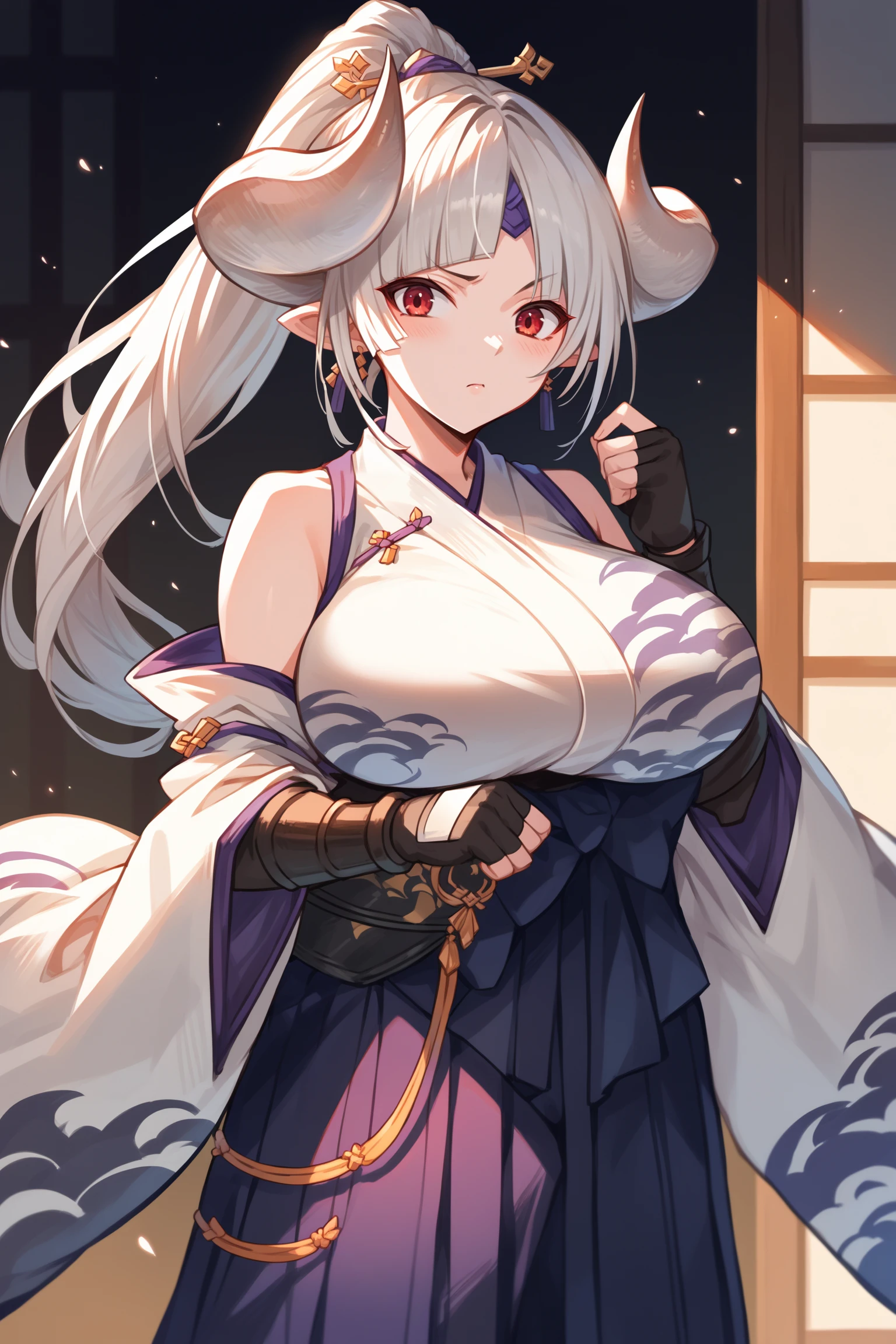 score_9, score_8_up, score_7_up, rating_sensitive,1girl ,azsd, high ponytail, long hair, curled horns, hairpin, forehead ornament, pointy ears, earrings, white kimono, detached sleeves, wide sleeves, shoulder armors, bandaged arm, glove, fingerless glove, multiple belts, layered hakama, long skirt, tabi, sandals, source_anime, <lora:AzusaPDCAMEq2v1 GBF:1>, cowboy shot, abstract, spotlight, alluring, indoors