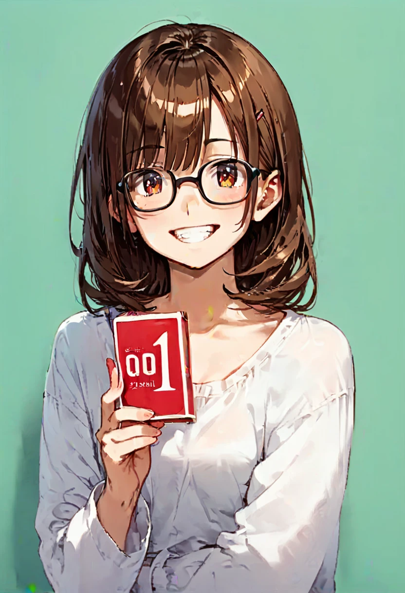 score_9, score_8_up, score_7_up, rating_safe, masterpiece, best quality, absurdres, unity 8k wallpaper, official art, official style, source_anime, game cg, megami magazine, glasses,
okamoto001, condom box, still life, 1girl, smile, brown hair, holding, teeth, upper body, green background, looking at viewer, long sleeves, bangs, shirt, simple background, white shirt
 <lora:okamoto001_PONY_V2:1>