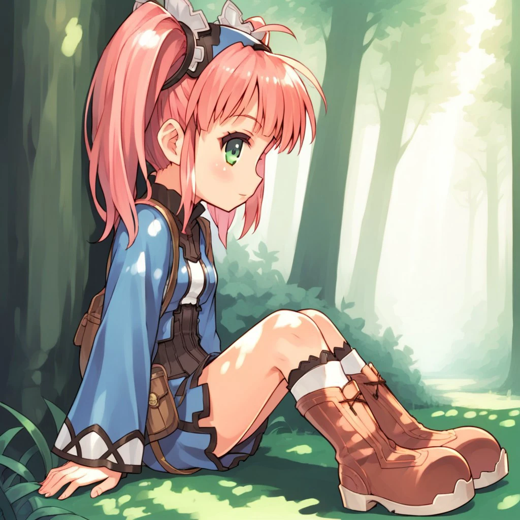 score_9, score_8, score_9, BREAK, chibi, solo, Mint_ToF, pink hair, twintails, sitting, boots, sitting, forest, looking away from viewer, sunlight, shadow, natural lighting