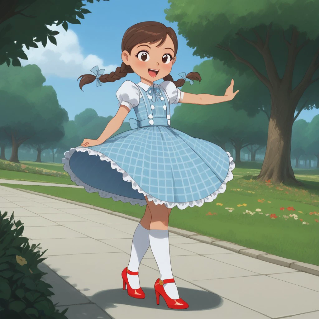 score_9, score_8, score_9, BREAK, dorothy, brown hair, twin braid, dress, red high heels