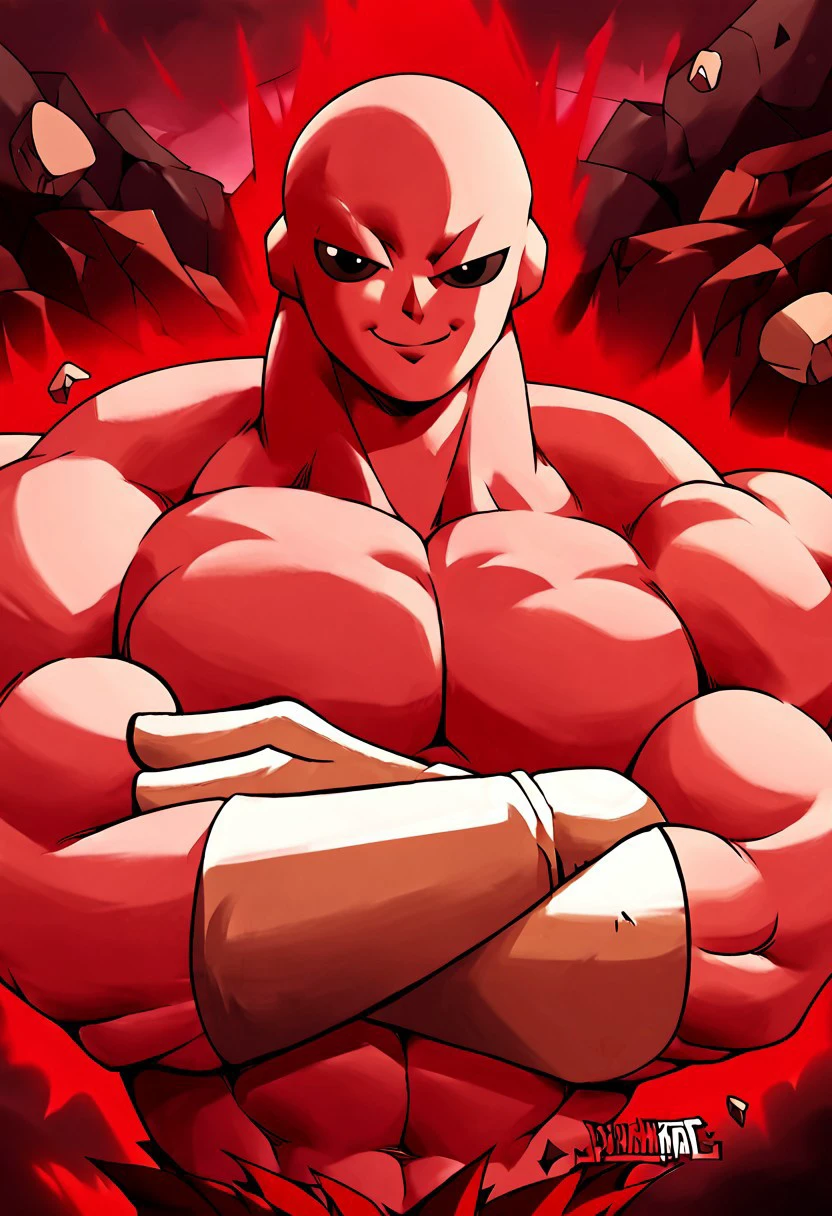 Best quality,perfect face, 8k,score_9,score_8_up,score_7_up,score_6_up,score_5_up,source_anime, smirk, shirtless, flexing biceps, upper body, black eyes,grey skin, bald,red aura, destroyed city background, looking at viewer, white gloves, perfect anatomy