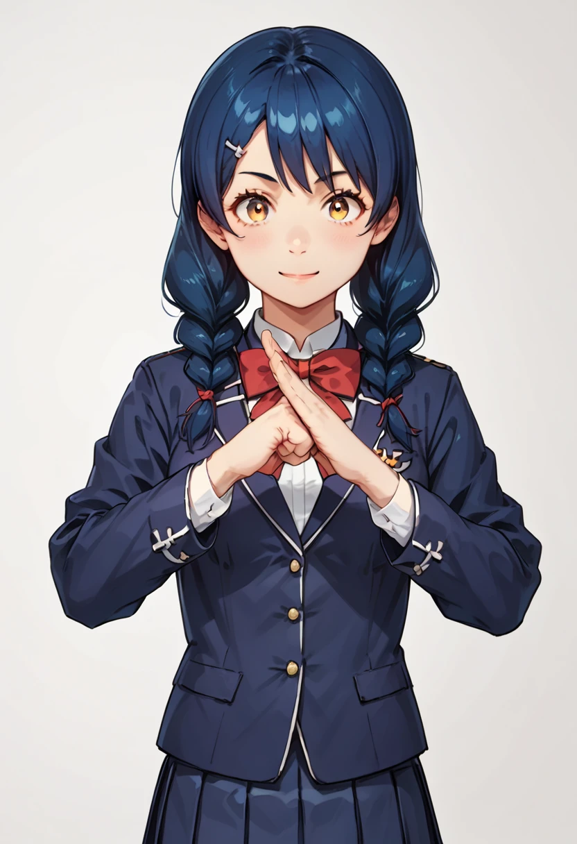 (tadokoro megumi),
score_9, score_8_up, score_7_up,masterpiece, best quality, ultra detailed,  
A picture of a girl, solo, fist-palm salute, fist and palm folded in front, hands together, the girl is wearing a school uniform, dark blue jacket, red bow, dark blue pleated skirt, light smile, 
A Japanese 1girl has blue hair which was bound into twin braids, yellow eyes and brown pupils, round face, (tender and slender:1.21) body with medium breasts,  , <lora:TadokoroMegumi_Pony_r1:1>,<lora:fist-palm_salute_Pony:0.8>