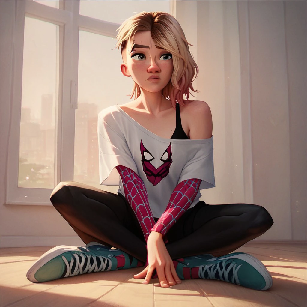 score_9, score_8_up, score_7_up, score_6_up, score_5_up, score_4_up, 1girl, spiderG, sitting on the floor, loose shirt, exposed shoulder
