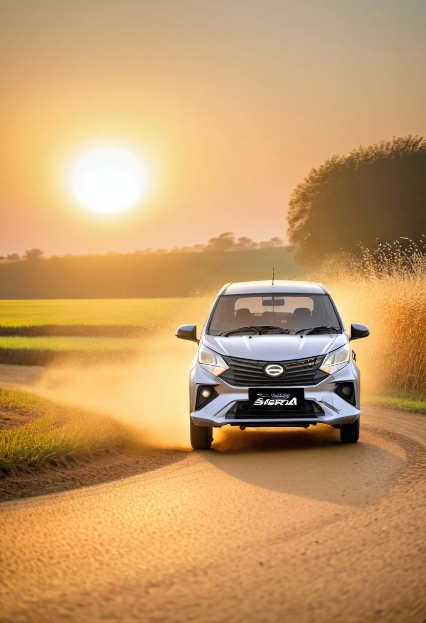 high resolution, best quality, Car, Daihatsu Sigra, Country lane, golden fields, setting sun,