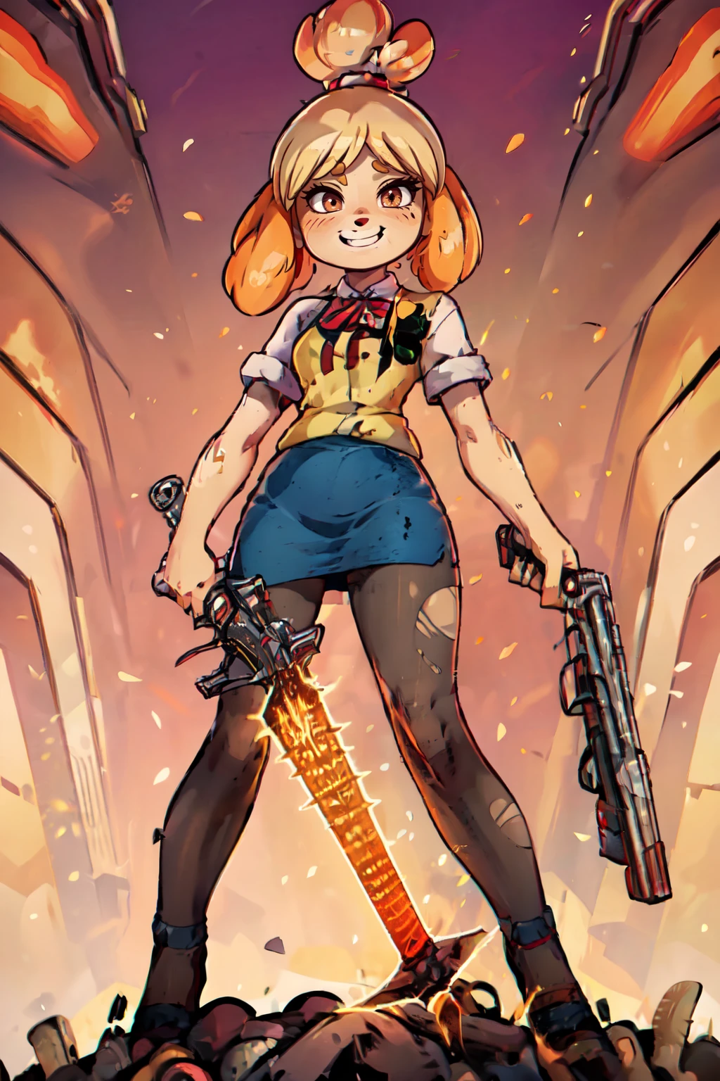 <lora:Isabelle_Doom_Slayer:1>,  zzIsabelleDoom, brown eyes, topknot, dog ears,    blouse, crucible (doom), demon, dog tail, double-barreled shotgun, energy sword, energy weapon, gun, hair bell, legs apart, miniskirt, multiple-barrel firearm, nintendo, pantyhose, pencil skirt, plaid clothes, red eyes, ryuusei (mark ii), sawed-off shotgun, shirt, shotgun, side-by-side-barreled shotgun, skirt, smile, sword, tail, torn clothes, torn pantyhose, weapon, white shirt, smug,