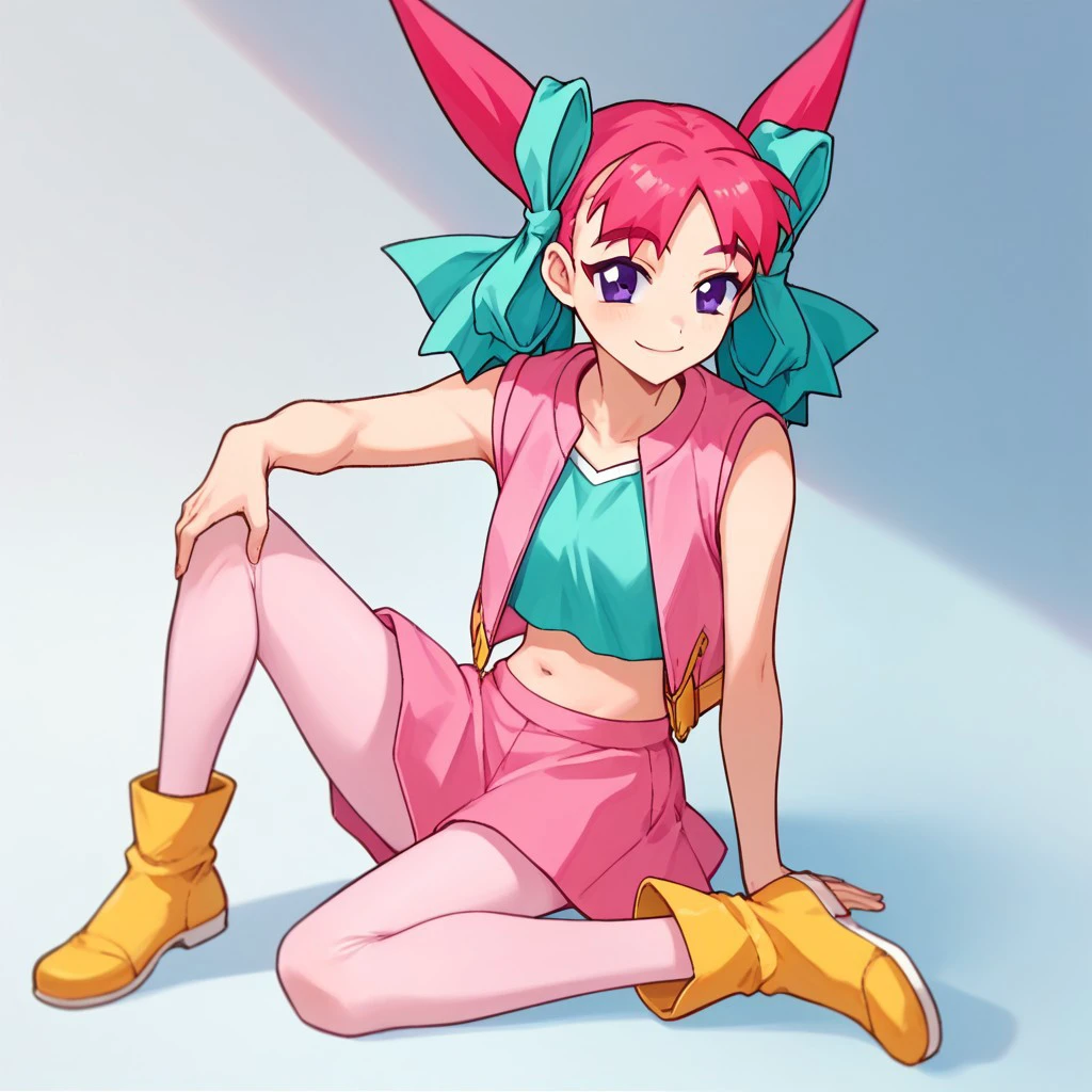 score_9, score_8_up, score_7_up BREAK MoroKoni, 1girl, pink hair, purple eyes, cyan bows, sleeveless open pink jacket, cyan shirt, midriff, bellybutton, pink skirt, pale pink pantyhose, yellow boots, full body, smiling for viewer,