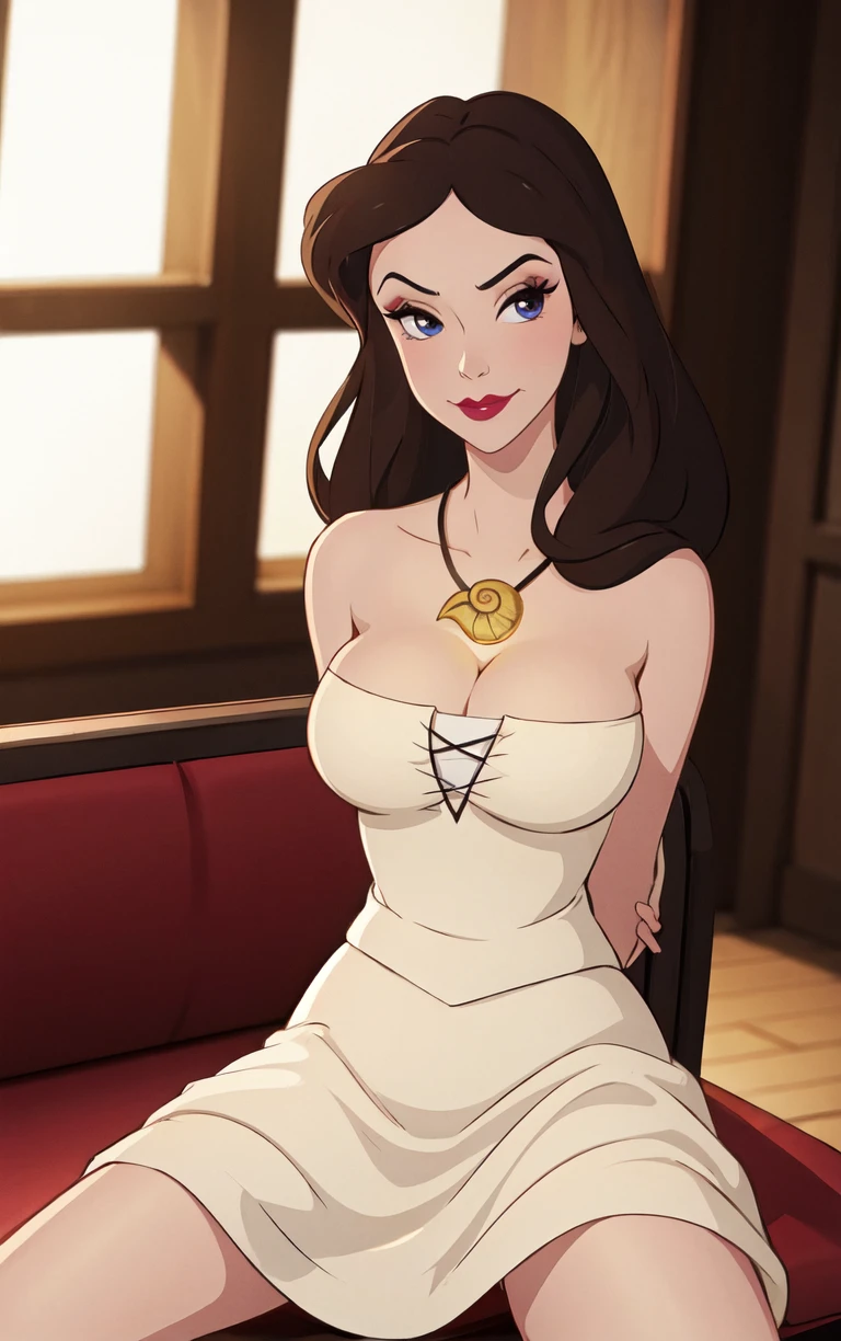 (masterpiece, best quality:1.4), insaneres, absurdres, solo, looking at viewer, BREAK 
WhiteDress_Vanessa_ownwaifu, 
1girl, blue eyes, brown hair, long hair, narrow waist, shell necklace, lipstick, makeup, jewelry, necklace, colored skin, large breasts, red lips, 
cleavage, strapless dress, white dress, bare shoulders,
(sitting, spread legs), arms behind back, couch, window shade, indoors, <lora:CARTOON_LittleMermaid_Vanessa_ownwaifu:0.95> , depth of field