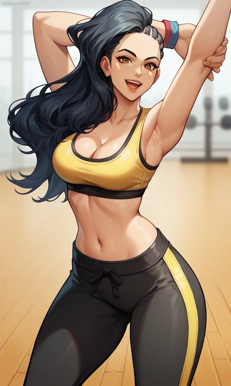 score_9, score_8_up, score_7_up, score_6_up, source_anime, BREAK masterpiece, LauraSF, asymmetrical hair, long hair cornrows, yellow sports bra, yellow yoga pants, cleavage, stretching, open mouth, smile, looking at viewer, close-up, gym, 1 girl,