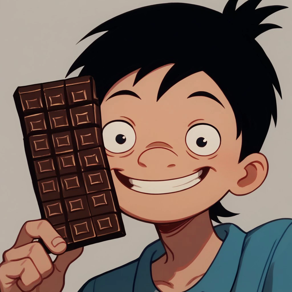 score_9, score_8_up, score_7_up BREAK ChocoboyHA, 1boy, black hair, black eyes, blue shirt, face view, holding chocolate bar, smiling at viewer, face closeup,