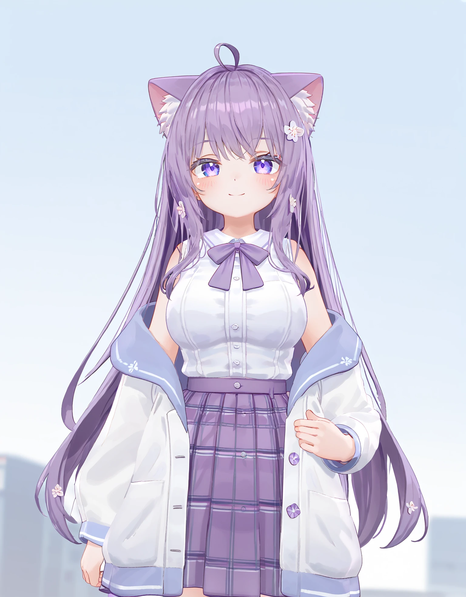 score_9, score_8_up,score_7_up,vrchat moe,moe_AA,1girl, solo, outdoors, thighhighs, purple skirt, jacket, shoes, sleeveless shirt, white shirt,  hair flower, purple bow, upper_body, light_smile, pov, hand_on_hip, from_below, 