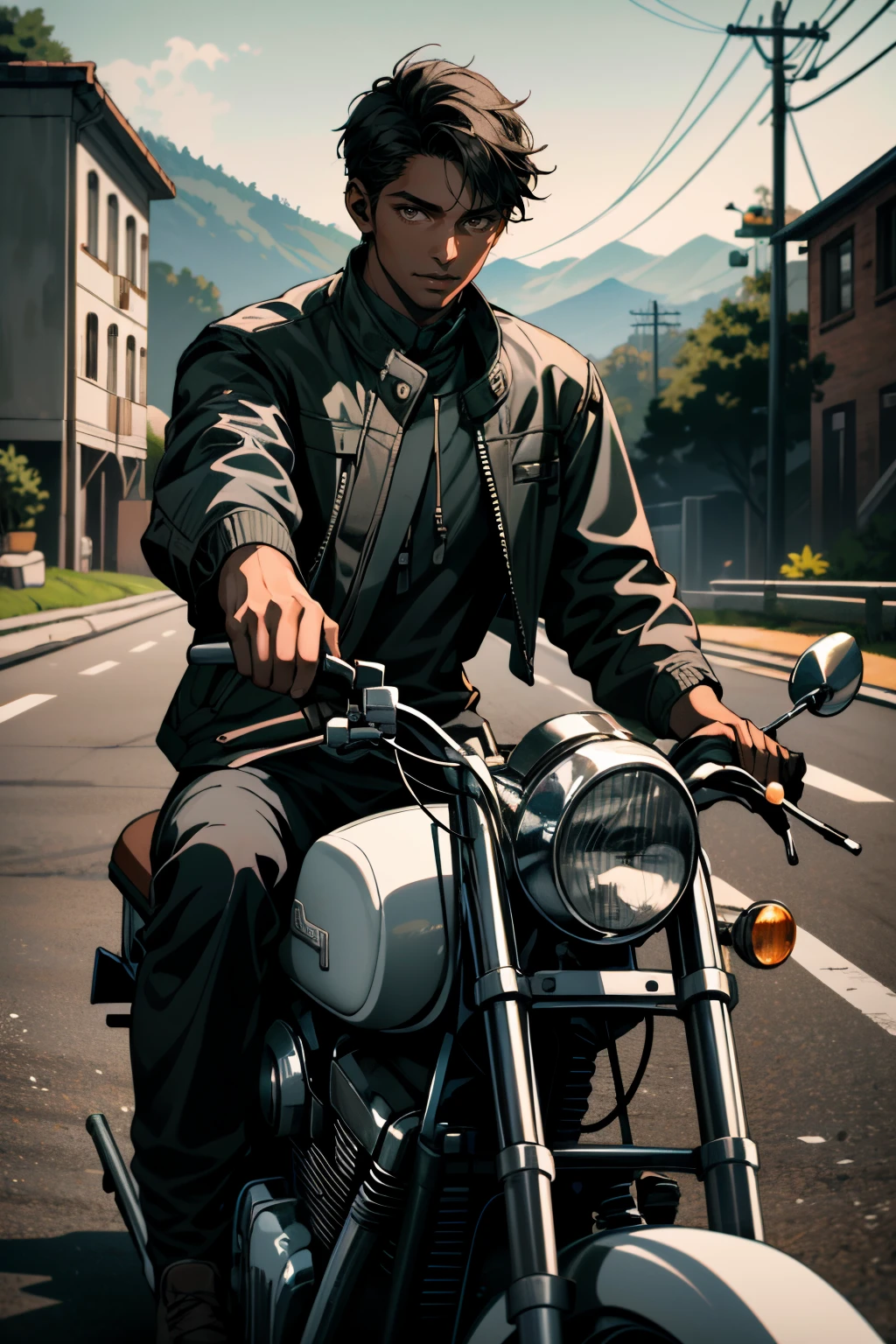 ((ultra detailed, masterpiece, absurdres))
<lora:WDMarkus:0.8>
WDMarkus, 1boy, very dark skin, brown eyes, short hair, looking at viewer, sitting on a vintage motorcycle, with an open road stretching into the distance