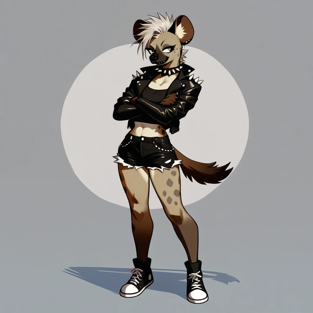 Solo, score_9,score_8_up,score_7_up, source_furry, a tall female spotted hyena, brown snout, black nose, brown eyes, short spiked undercut platinum blonde hair, black lips, hyena tail, brown hyena ears, wearing black leather jacket, black crop top, black short shorts, black and white converse shoes, arms crossed, spiked collar, soft smile, abstract grey background